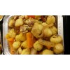 Boerenaardappeltjes met knoflook en boerengroenten en spek